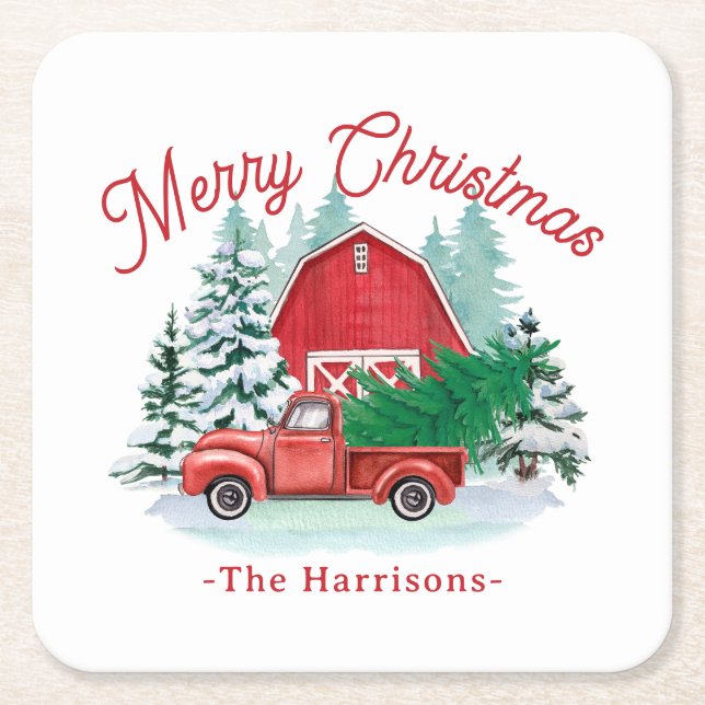 Frohe Weihnachten Rustikales Red Farmhouse Truck W Rechteckiger Pappuntersetzer (Vorderseite)