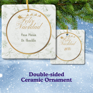 Frohe Weihnachten Sage Green und Gold Toile Quadra Keramikornament