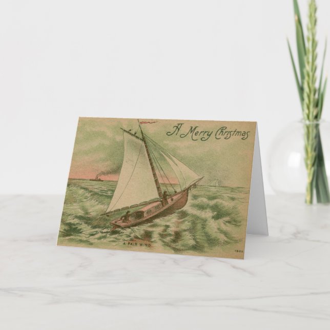 Frohe Weihnachten, Sailboat 1908 Vintag Feiertagskarte (Vorderseite)