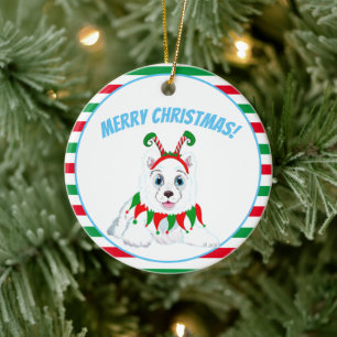 Frohe Weihnachten Samojede mit Elf-Stirnband Keramik Ornament
