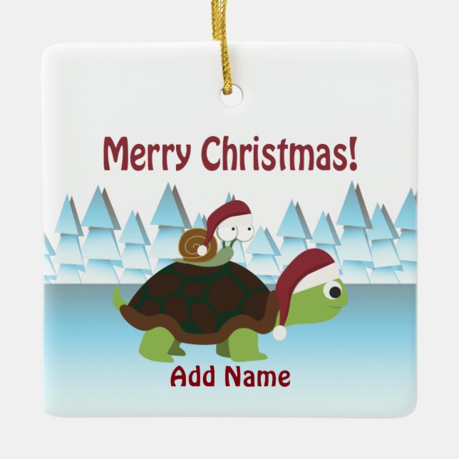 Frohe Weihnachten! San Turtle und Santa Snail Keramikornament (Vorderseite)