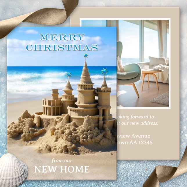 Frohe Weihnachten Sandcastle Beach New Zuhause Fot (Merry Christmas sandcastle new home beach holidays photo card)