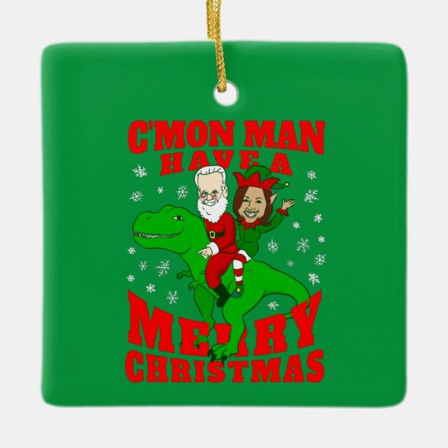 Frohe Weihnachten Santa biden kamala harris dinosa Keramikornament (Vorderseite)