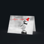 Frohe Weihnachten Santa Chickadee<br><div class="desc">Merry little Black-capped Chickadee perches Wir haben bench wearing a santa hat and says, fröhliche Noel! Add a little French flair to your Christmas, totally customizable to personalize as you please!</div>