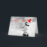 Frohe Weihnachten Santa Chickadee<br><div class="desc">Merry little Black-capped Chickadee perches Wir haben bench wearing a santa hat and says,  fröhliche Noel! Add a little French flair to your Christmas,  totally customizable to personalize as you please!</div>