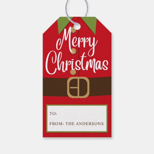 Frohe Weihnachten Santa Elf Anzug Personalisierter Geschenkanhänger (Vorderseite)