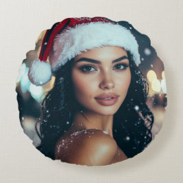 Frohe Weihnachten - Santa Girl Rundes Kissen