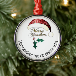 Frohe Weihnachten Santa Hut Glitter Eigenes Text Ornament Aus Metall