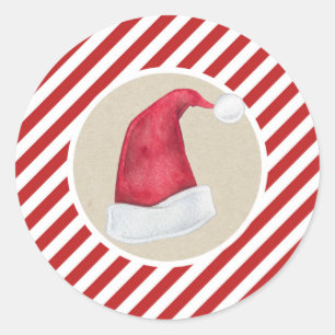 Frohe Weihnachten Santa Hut Kraft Rot Weiß Streife Runder Aufkleber