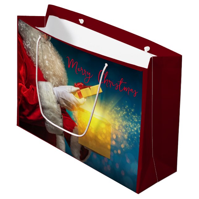 Frohe Weihnachten. Santa mit Gegenwart Große Geschenktüte (Vorderseite Schrägansicht)