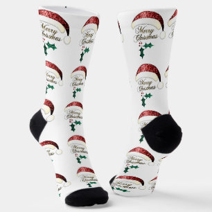 Frohe Weihnachten Santa-Mütze Rot Gold Grün Glitze Socken