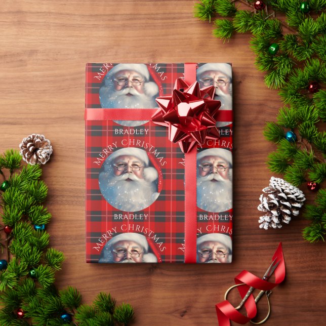 Frohe Weihnachten Santa Red Karierter Personalisie Geschenkpapier (Feiertagsgeschenk)