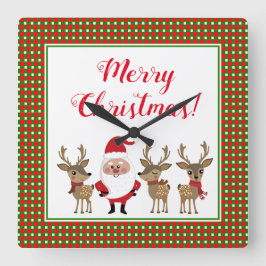 Frohe Weihnachten Santa Reindeer Red Green Kariert Quadratische Wanduhr