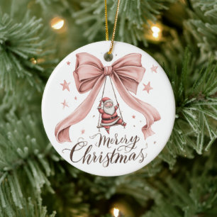 Frohe Weihnachten Santa & Rosa Schleifen-Ornament Keramik Ornament