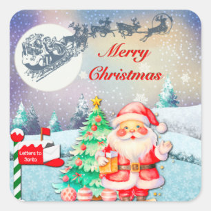 Frohe Weihnachten Santa, Schlitten, Rentier, Schne Quadratischer Aufkleber