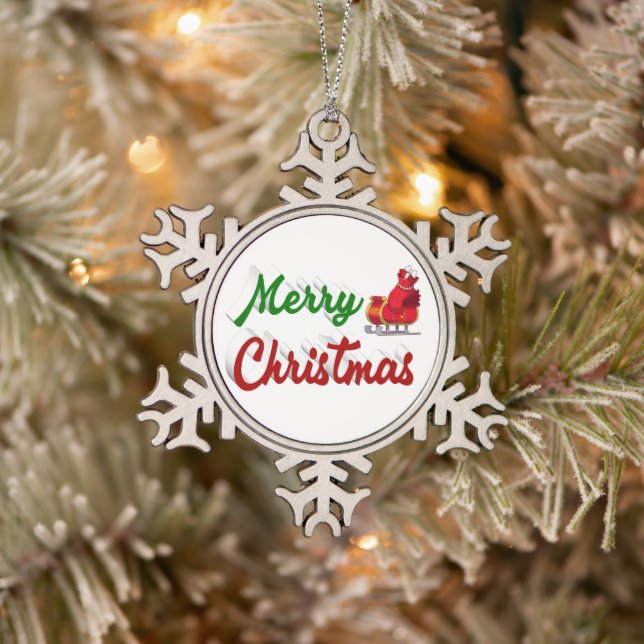 Frohe Weihnachten Santa Sleigh Rot-Grün-Skript Schneeflocken Zinn-Ornament (Baum)