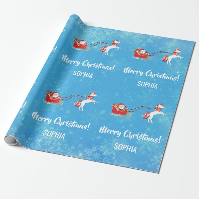 Frohe Weihnachten Santa Sleigh Unicorn Personalisi Geschenkpapier (Ungerollt)