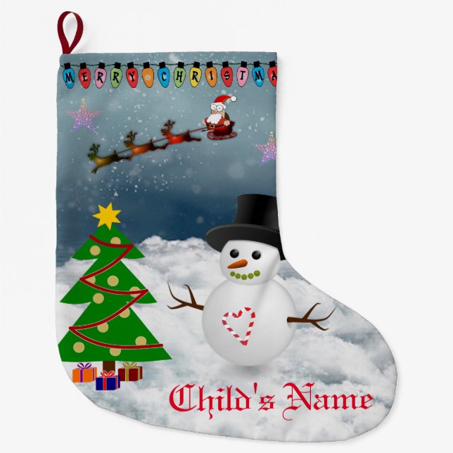 Frohe Weihnachten =- Santa & Snow Man Großer Weihnachtsstrumpf (Vorderseite)
