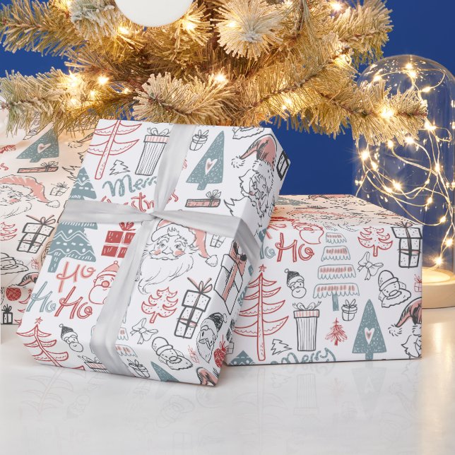 Frohe Weihnachten Santa Tree handGezeichnet Muster Geschenkpapier (Feiertage)