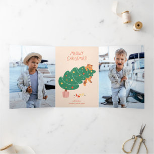 Frohe Weihnachten - Schalkhafte Feline Freude Dreifach Gefaltete Urlaubskarte
