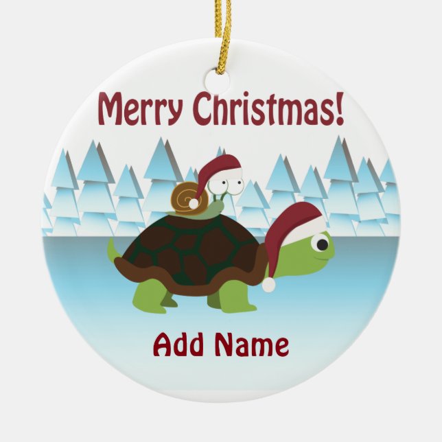 Frohe Weihnachten! Schildkröte und Schnecke Keramik Ornament (Vorne)