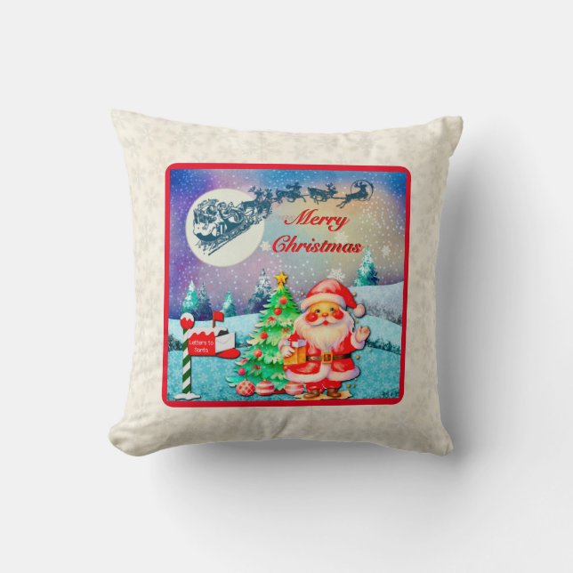 Frohe Weihnachten, Schlitten, Rentier, Schneeflock Kissen (Vorderseite)