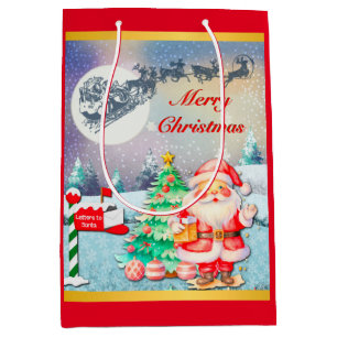 Frohe Weihnachten, Schlitten, Rentier, Schneeflock Mittlere Geschenktüte