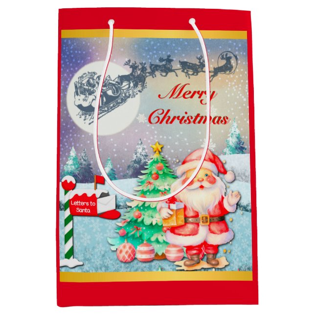 Frohe Weihnachten, Schlitten, Rentier, Schneeflock Mittlere Geschenktüte (Vorderseite)