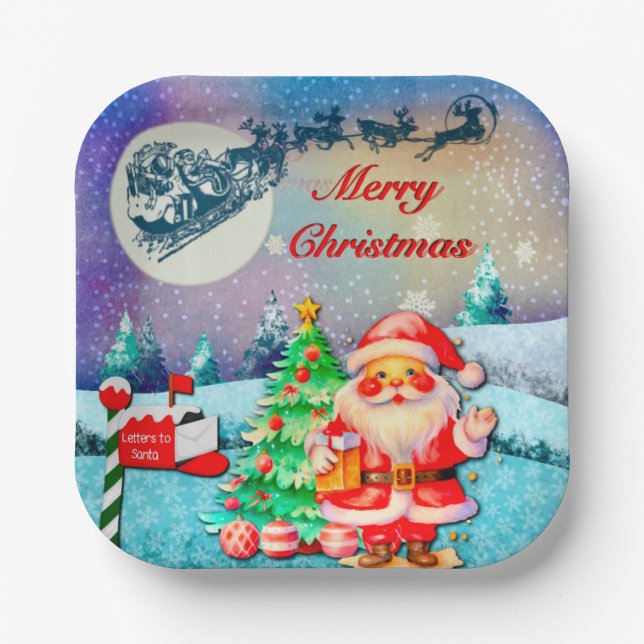 Frohe Weihnachten, Schlitten, Rentier, Schneeflock Pappteller (Vorderseite)