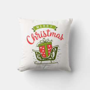 Frohe Weihnachten Schlitten Rot Grün Schneeflocken Kissen