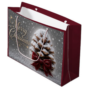 Frohe Weihnachten Schnee bedeckter Kiefernzapfen Große Geschenktüte