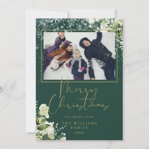 Frohe Weihnachten Schnee Blumen Gold und Grün Foto