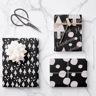 Frohe Weihnachten Schneebälle Bäume Schwarz Rosa M Geschenkpapier Set