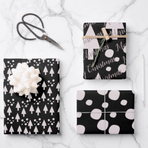 Frohe Weihnachten Schneebälle Bäume Schwarzes Rosa Geschenkpapier Set