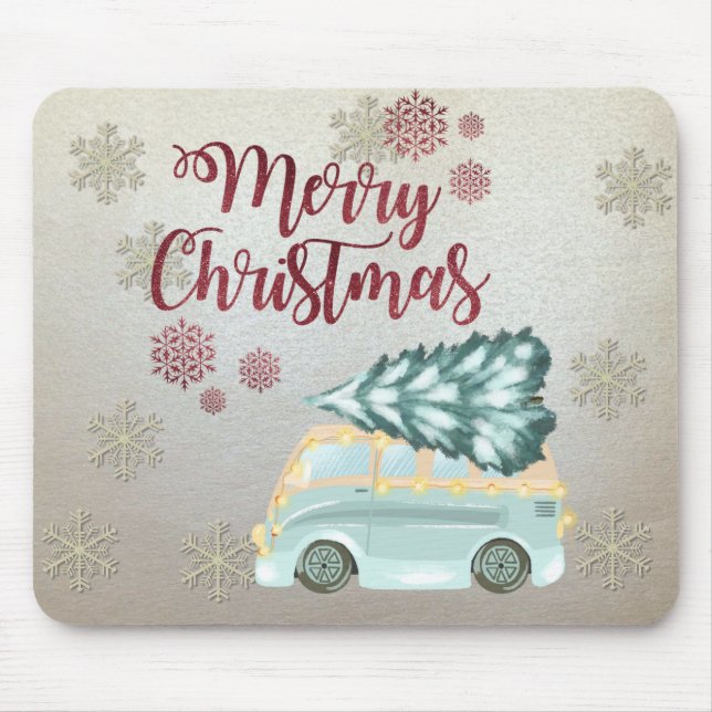 Frohe Weihnachten, Schneeflocken, Grüner Kiefernba Mousepad (Vorne)