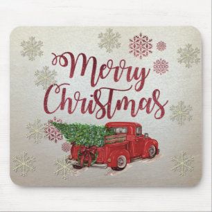 Frohe Weihnachten,Schneeflocken,roter LKW-Tannenba Mousepad