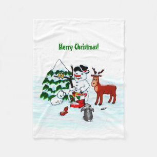 Frohe Weihnachten! Schneemann mit Freunden Fleecedecke