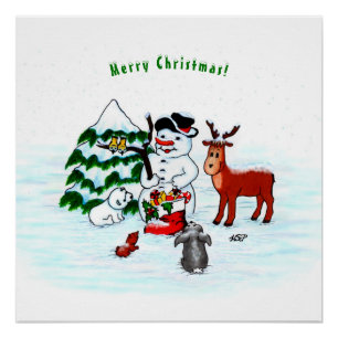 Frohe Weihnachten! Schneemann mit Freunden Poster