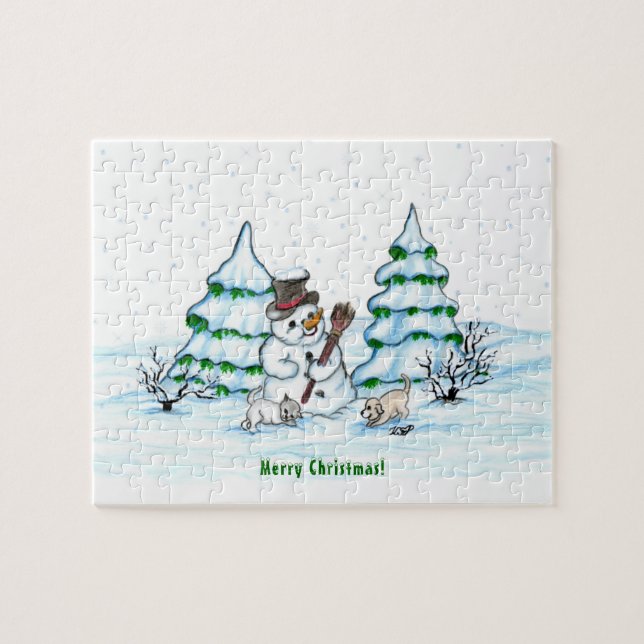 Frohe Weihnachten! Schneemann mit Katze und Welpe (Horizontal)