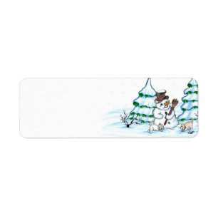 Frohe Weihnachten! Schneemann mit Katze und Welpe