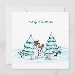 Frohe Weihnachten! Schneemann mit Katze und Welpe