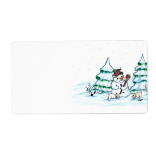 Frohe Weihnachten! Schneemann mit Katze und Welpe