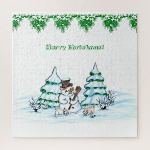 Frohe Weihnachten! Schneemann mit Katze und Welpe
