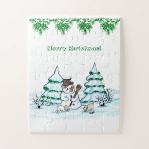 Frohe Weihnachten! Schneemann mit Katze und Welpe