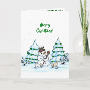 Frohe Weihnachten! Schneemann mit Katze und Welpe