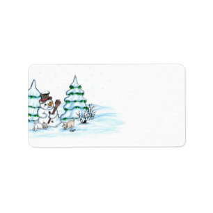 Frohe Weihnachten! Schneemann mit Katze und Welpe Adressaufkleber