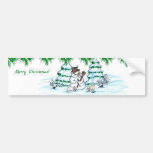 Frohe Weihnachten! Schneemann mit Katze und Welpe Autoaufkleber
