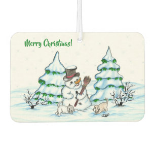Frohe Weihnachten! Schneemann mit Katze und Welpe Autolufterfrischer
