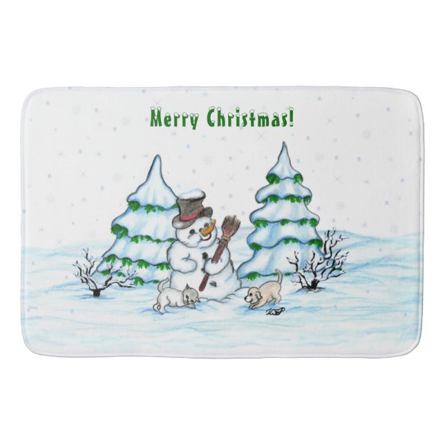 Frohe Weihnachten! Schneemann mit Katze und Welpe Badematte (Vorderseite)