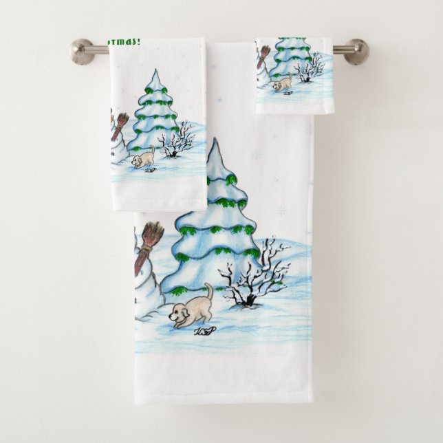 Frohe Weihnachten! Schneemann mit Katze und Welpe Badhandtuch Set (Insitu)